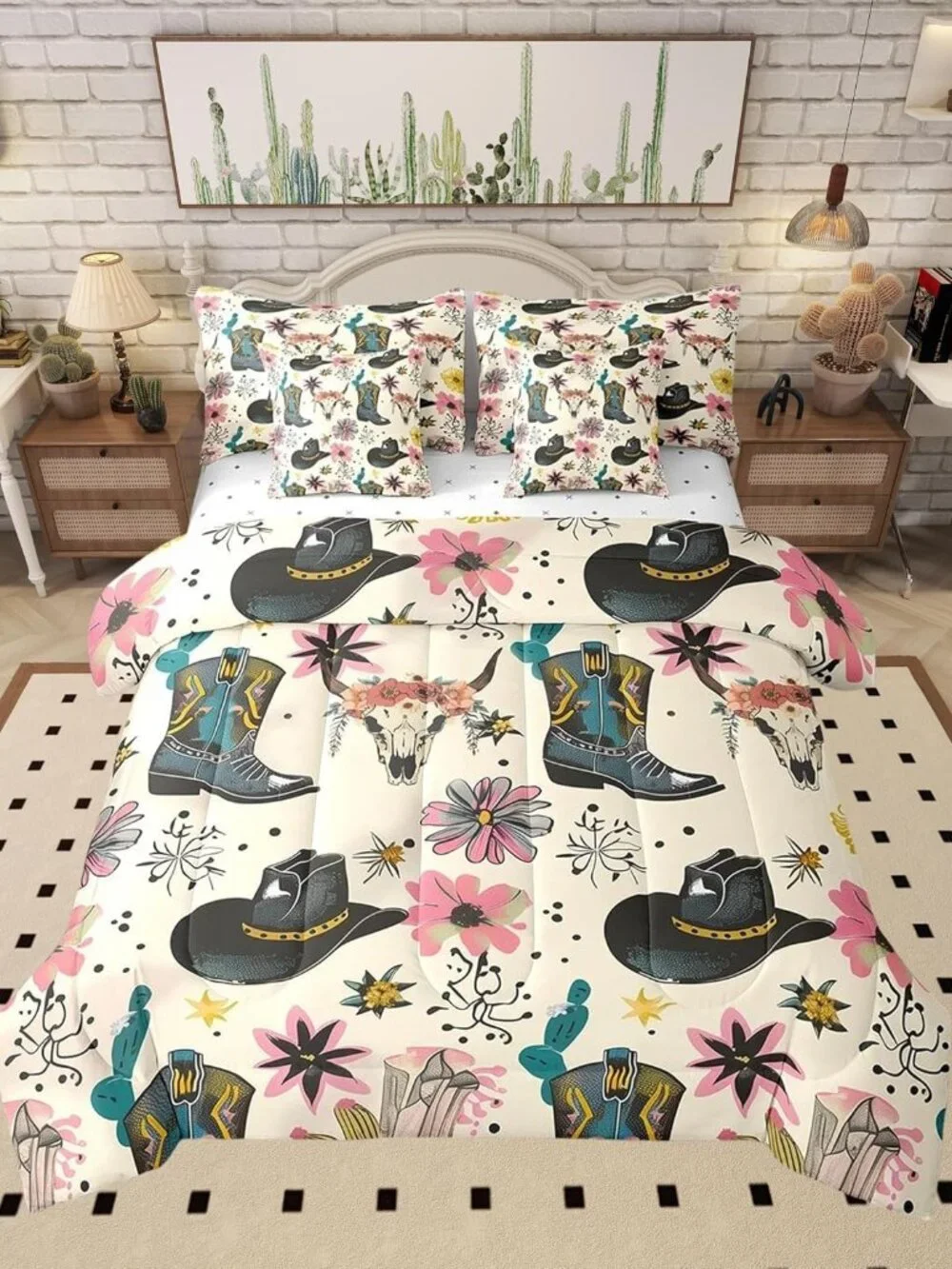 7 Pieces Western Cowboy Comforter Set Twin Size, Cowboy Boots Hat Bedding Set fo
